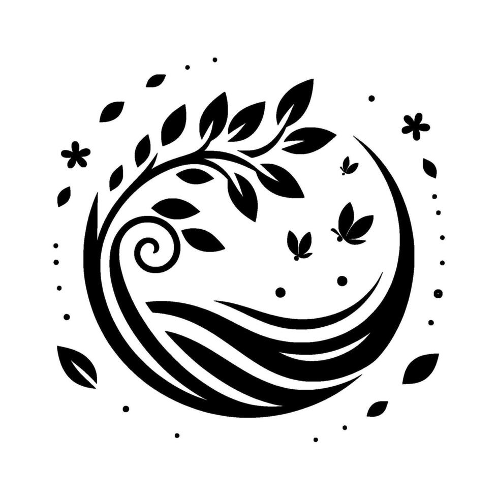 Elegant Black and White Nature Motif Circular with Tree Branches, Leaves, Butterflies, and Floral Accents vector