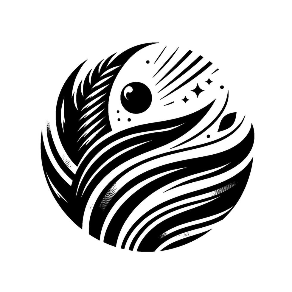 A stylized black and white composed of layered abstract forms, reminiscent of feathers and celestial elements, arranged in a circular composition. vector