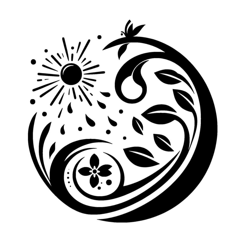 Elegant Monochrome Circular Floral Featuring Sun, Rain, Butterfly, Leaves Flower Symbolizing Natures Harmony and Balance. vector