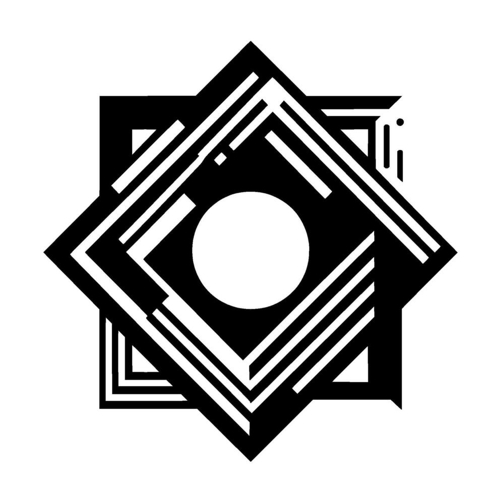 Geometric Starburst A symmetrical black and white features overlapping shapes, striped elements and a central white circle, offering a modern and minimalist aesthetic. vector