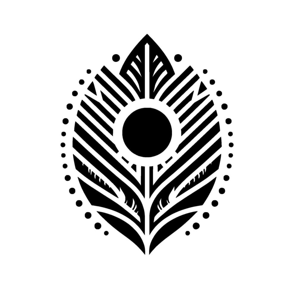 Bold black and white geometric , a stylized leaflike shape with a central circle, radiating lines, and dotted border, suggesting a symbol or emblem. vector