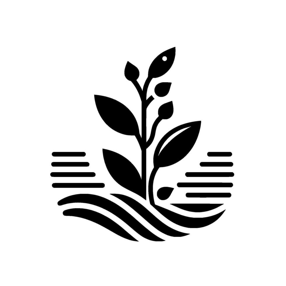 A minimalist black and white of a growing plant emerging from stylized water lines, suggesting growth, nature, and organic life. vector