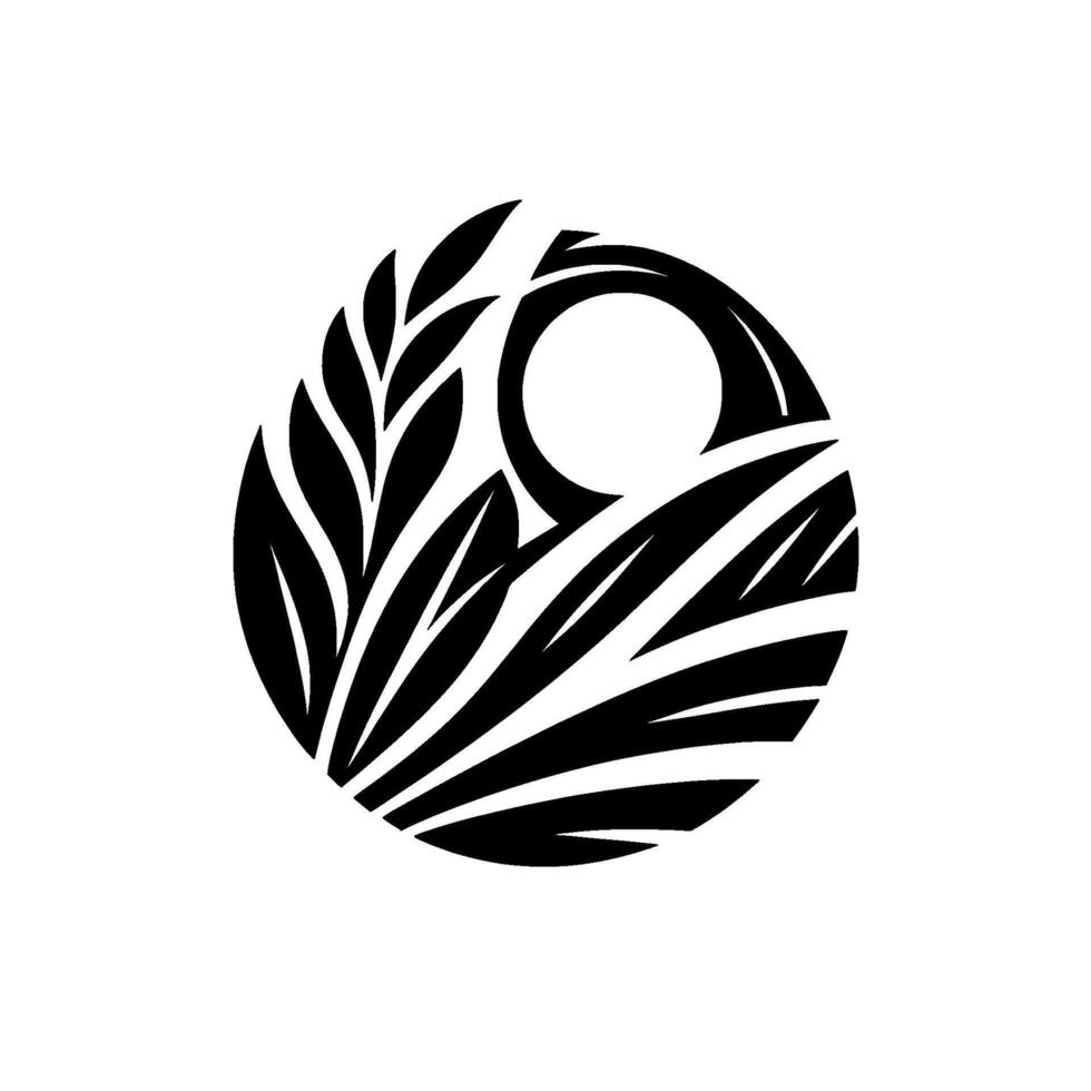 A stylized, minimalist black and white featuring organic shapes within a circular frame, resembling leaves and a partially obscured sun. vector
