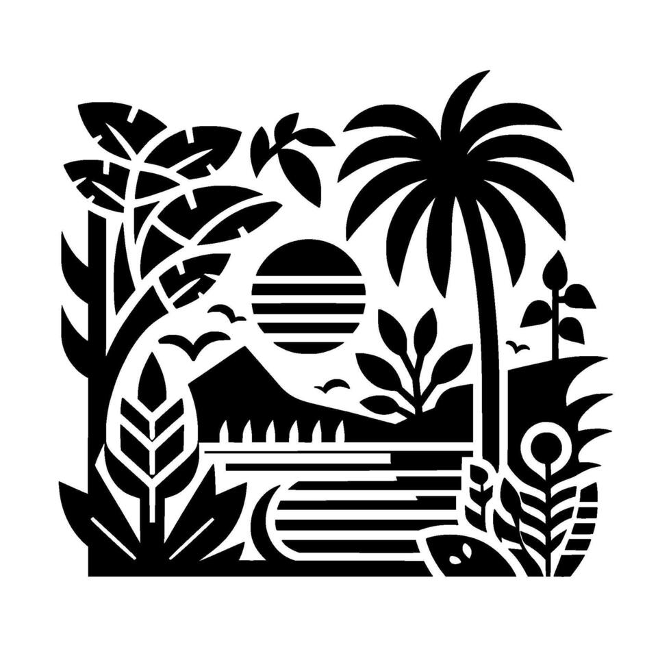 A minimalist, stylized black and white tropical landscape featuring a palm tree, mountain, sun, and various stylized plants and birds within a square frame. vector