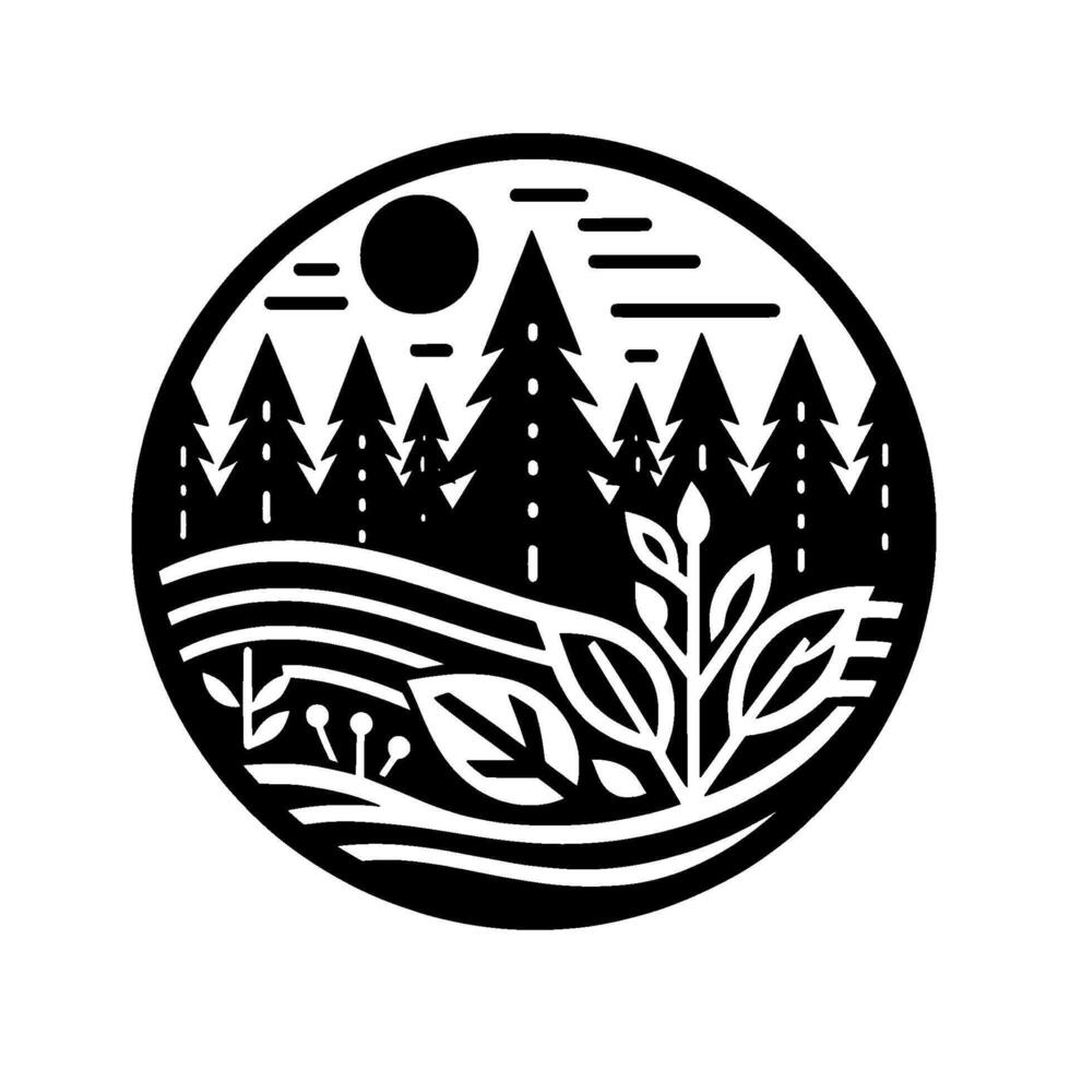 A stylized, minimalist blackandwhite circle illustration featuring a forest scene with pine trees, a sun, flowing water, and botanical details evoking natures beauty. vector