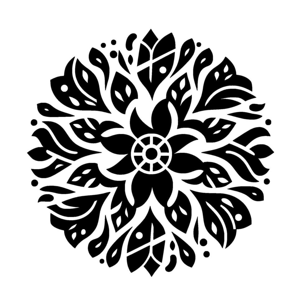 Symmetrical Black and White Floral Mandala Pattern with Geometric Leaf and Petal on White Background. vector