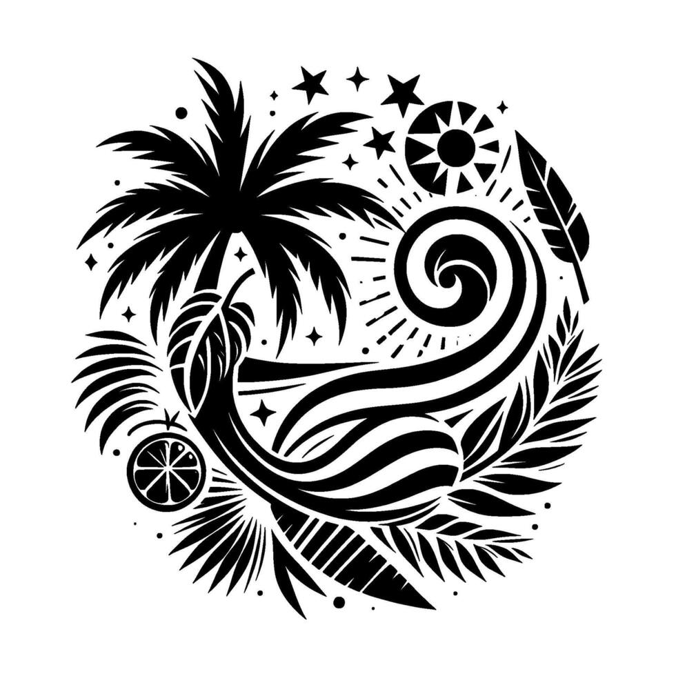 Black and White Tropical Motif Palm Tree, Sun, Wave, and Starry Sky, Arranged in a Circular . vector