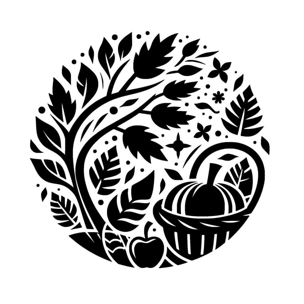 Stylized Monochrome Circular Illustration of Harvest Bounty Pumpkin, Apple, Leaves, and Foliage in Black and White. vector