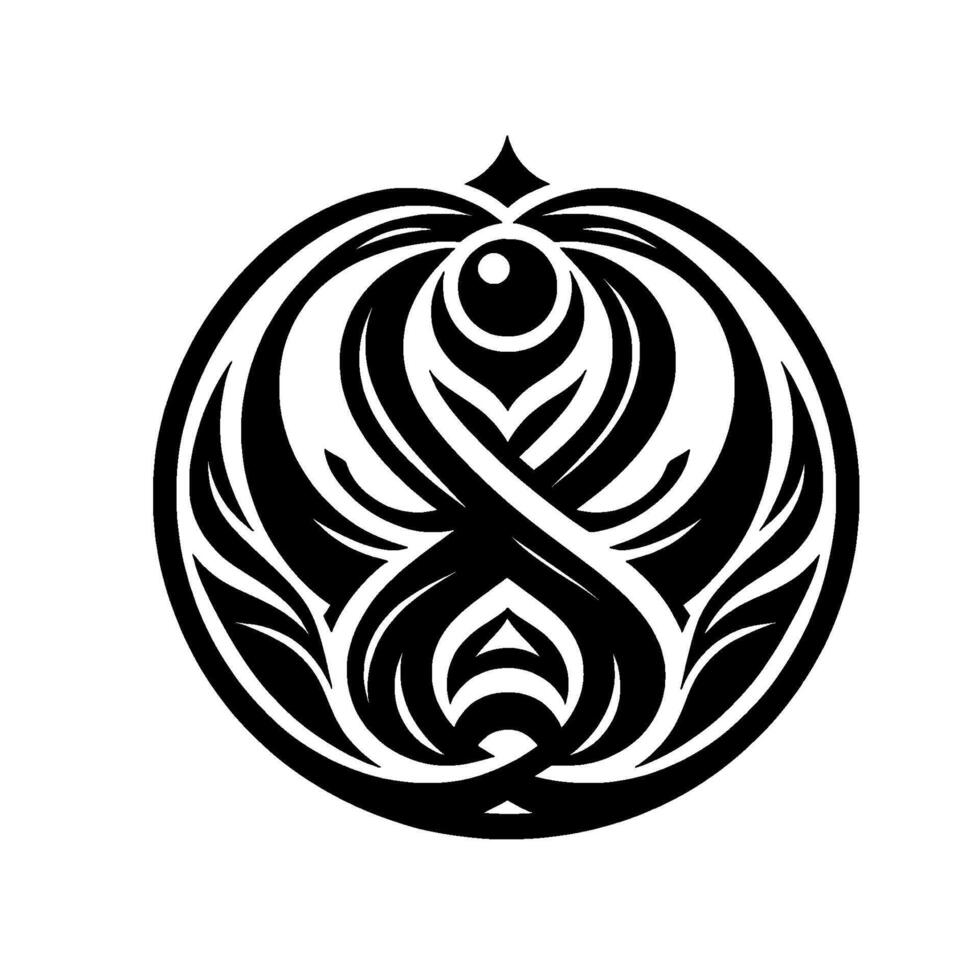 Circular, TribalInspired Featuring Intricate Black and White Swirls, a Central Eye, and Leaflike Shapes, Evoking a Sense of Balance. vector