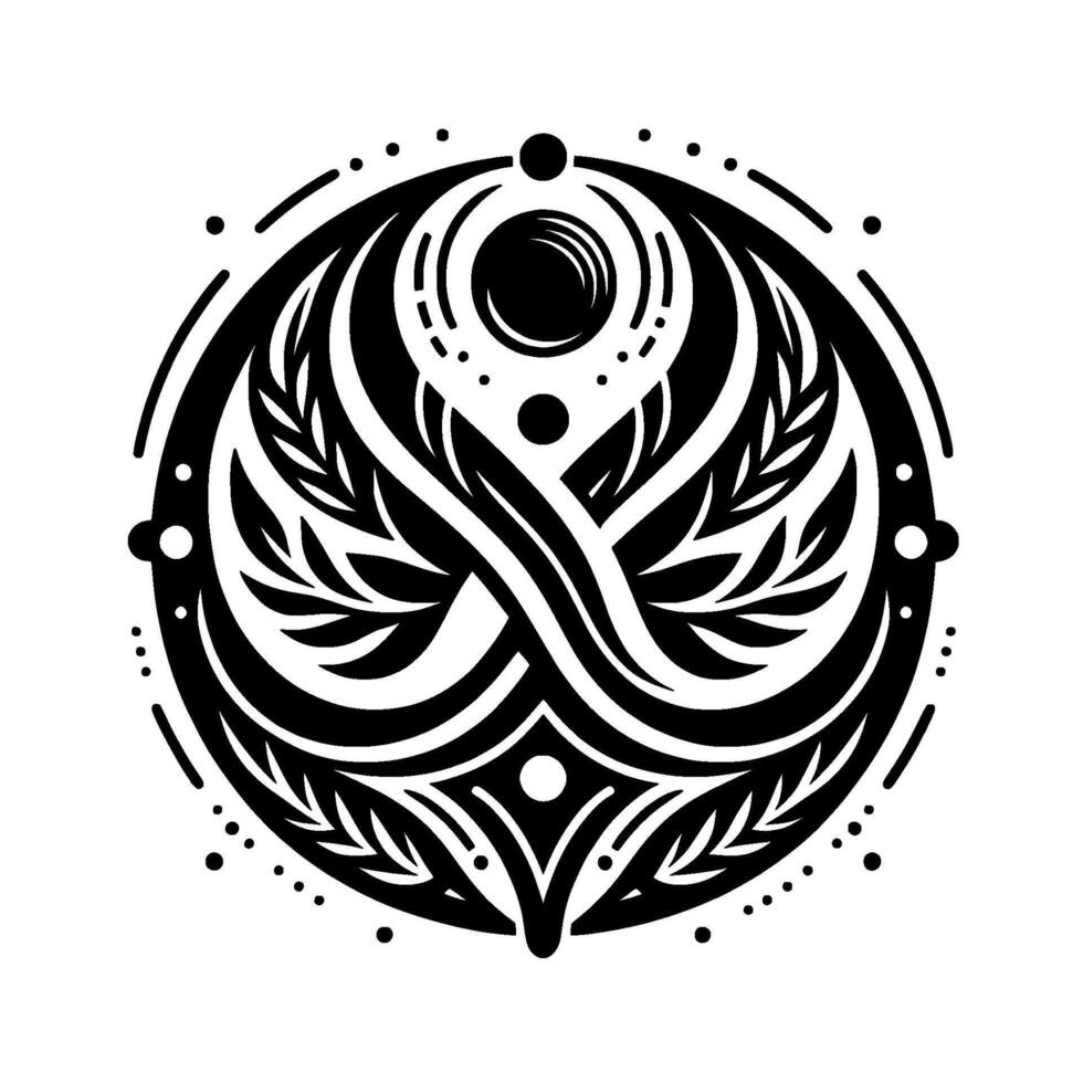 Symmetrical Black and White Circular Ornament with Foliage, Dots, and Symbolic Geometric Elements, against a white background. vector