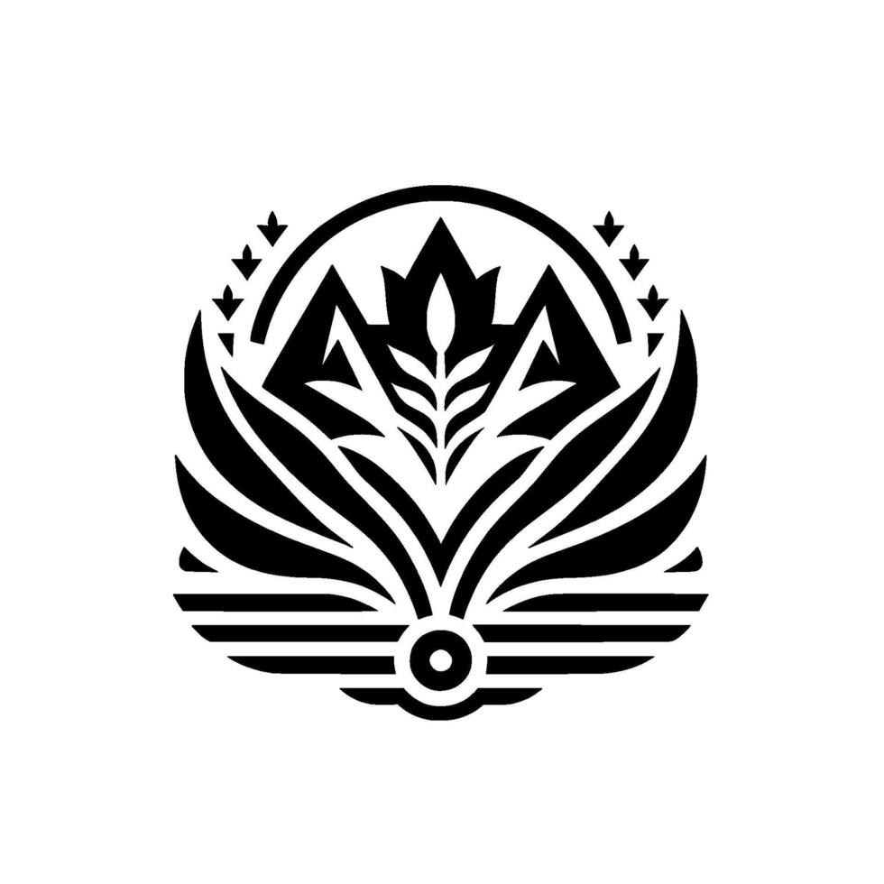 Elegant symmetrical black and white emblem showcasing stylized mountains, leaves, and decorative elements, evoking natures grandeur and refined . vector