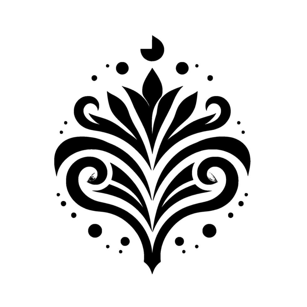 Elegant symmetrical black and white floral with stylized leaves, curls, dots, and crescent moon element on white background. vector