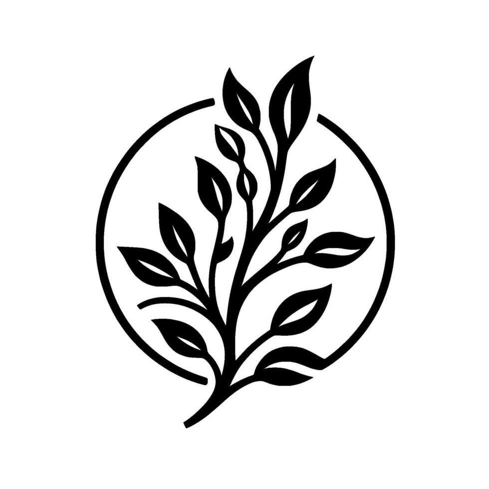 Minimalist Black and White of a Leafy Branch Enclosed in a Circle, Representing Nature Organic . vector