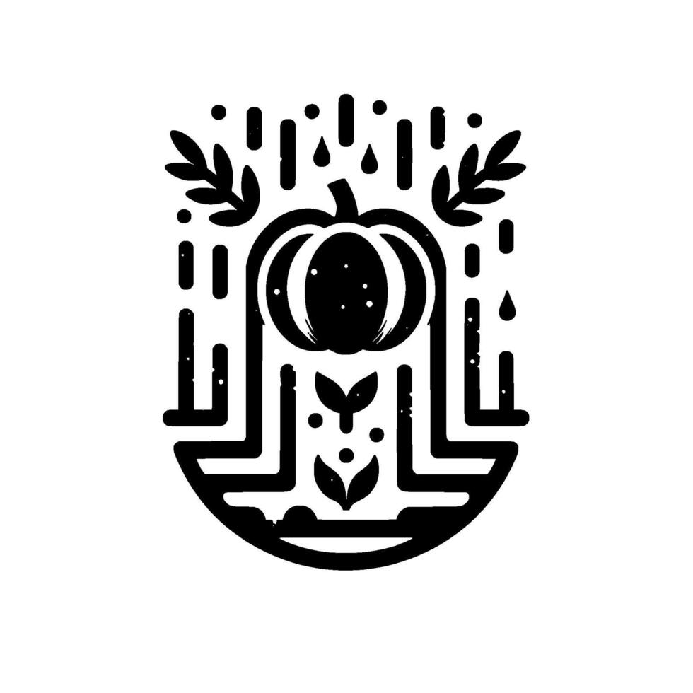 Stylized black and white illustration of a pumpkin within a rectangular frame, featuring foliage, rainlike lines, and ornamental elements. vector