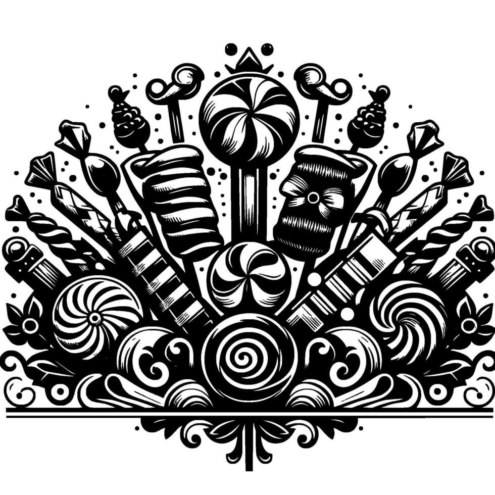 An intricate black and white illustration of various candies, including lollipops, wrapped sweets, and swirled elements arranged in a decorative . vector