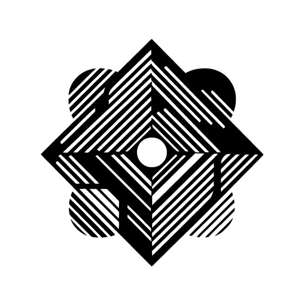 Geometric Abstraction A stark black and white composition featuring a complex interwoven of geometric shapes with a central white circle, exuding a sense of precise order. vector
