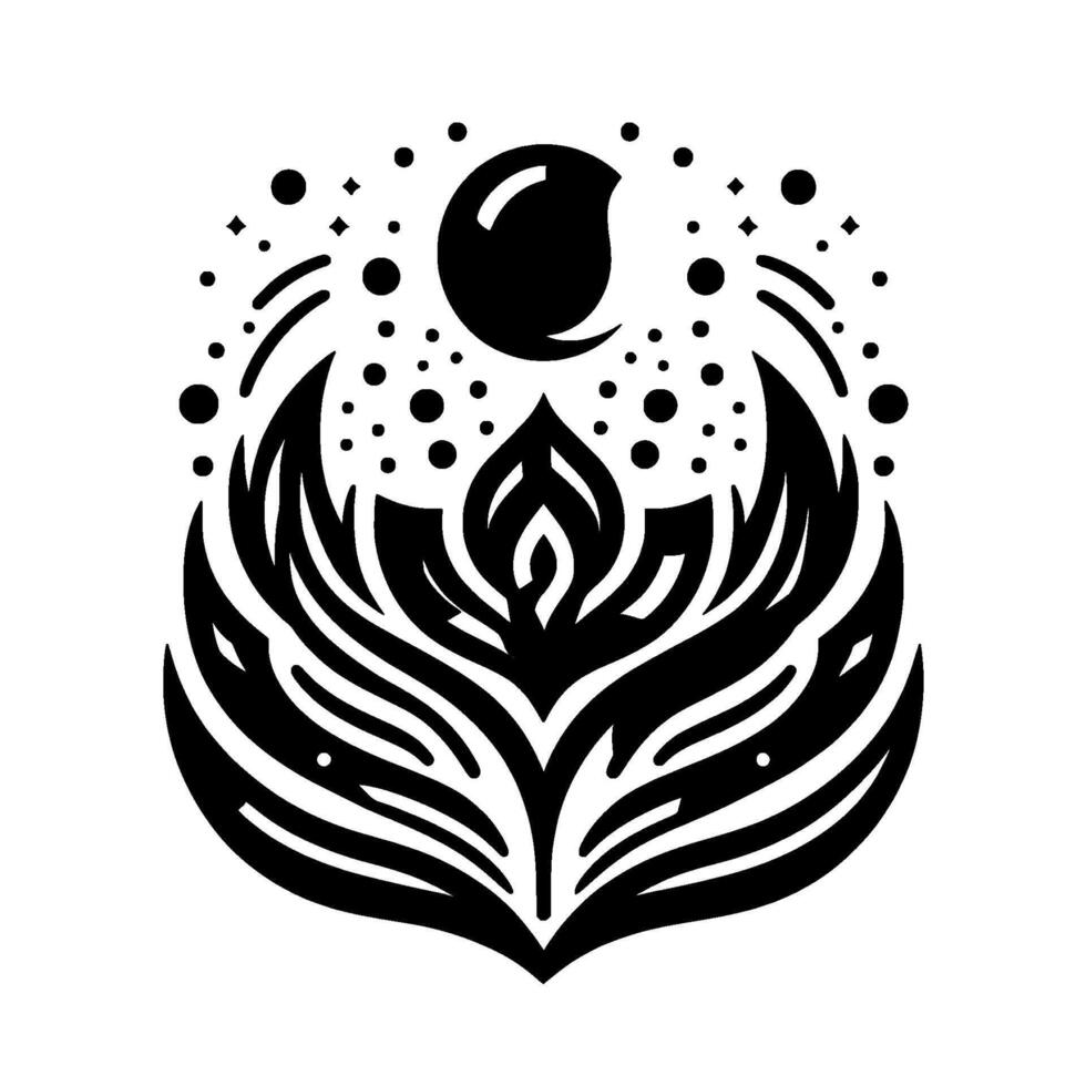 Intricate black and white floral and lunar . A stylized flower beneath a crescent moon, embellished with dots and lines, a minimalist, celestial composition. vector