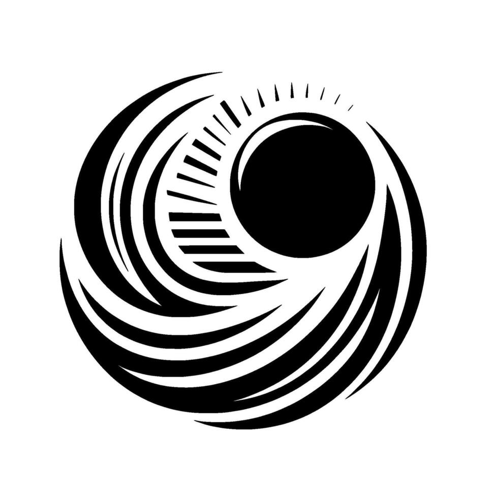 Black and white swirling stylized sun and eclipse illustration, with curved lines and a central dark orb, radiating energy. vector