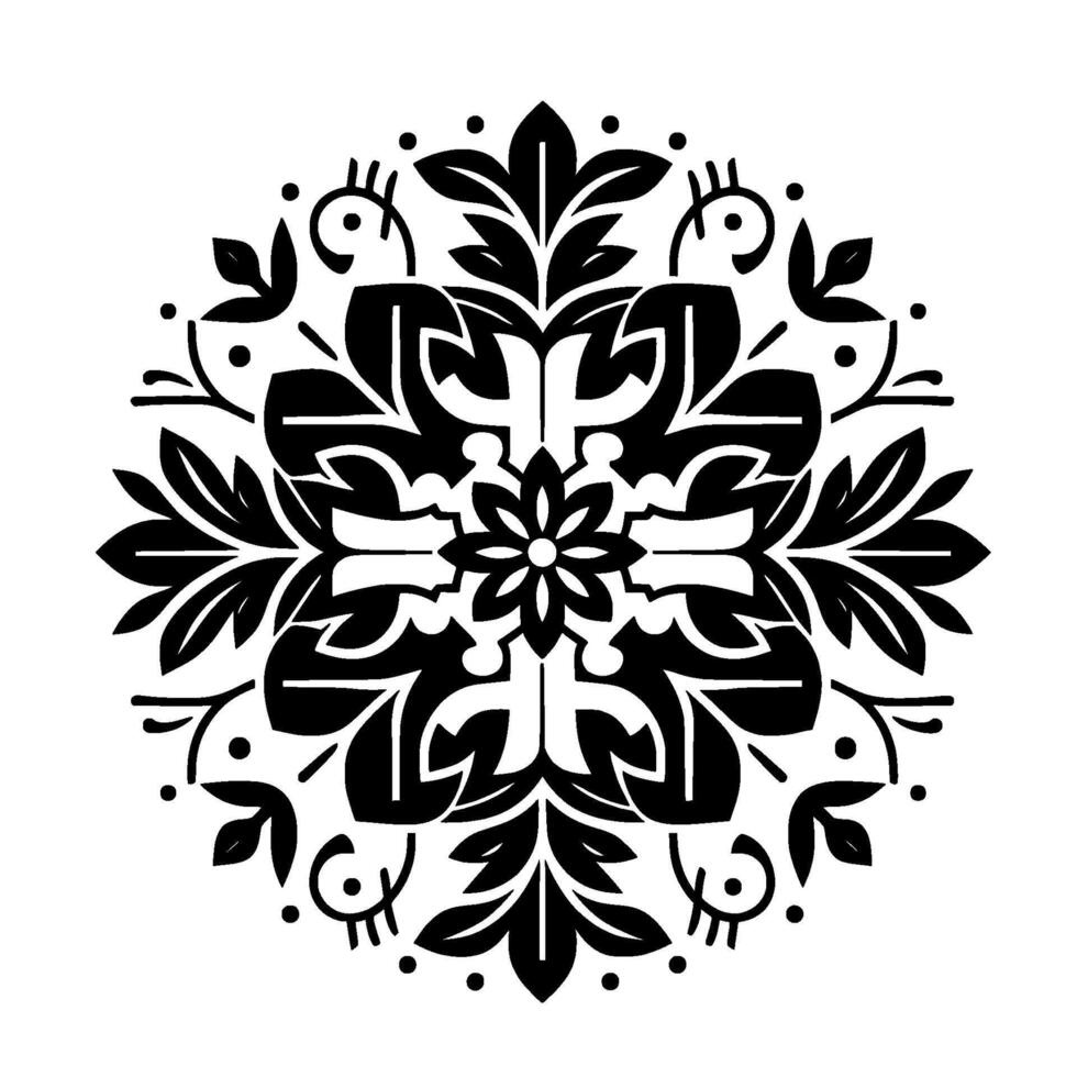 A symmetrical, black and white botanical mandala, meticulously crafted with stylized floral elements, radiating from a central point against a clean white backdrop. vector
