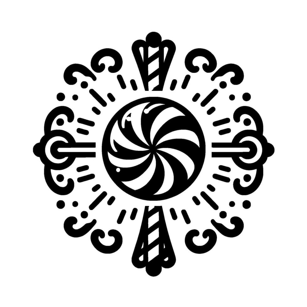 A symmetrical black and white featuring a swirl lollipop at the center, surrounded by decorative, swirling elements and radiating strokes. vector
