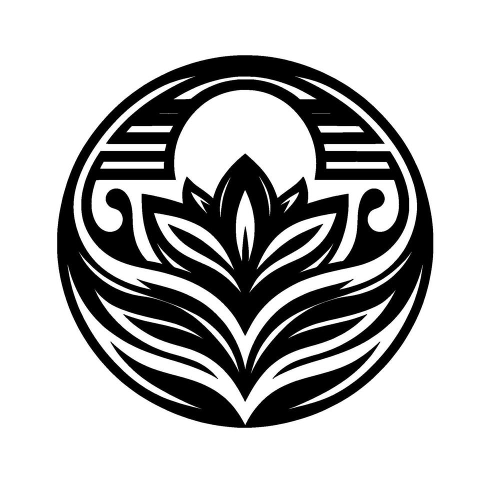 A circular black and white of an ornate lotus flower within a decorative frame, suggesting balance and harmony. vector