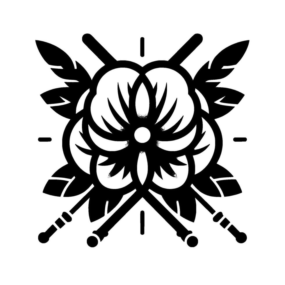 Intricate Black and White Floral Tattoo with Crossed Batons and Ornamental Leaves on a Pure White Background. vector
