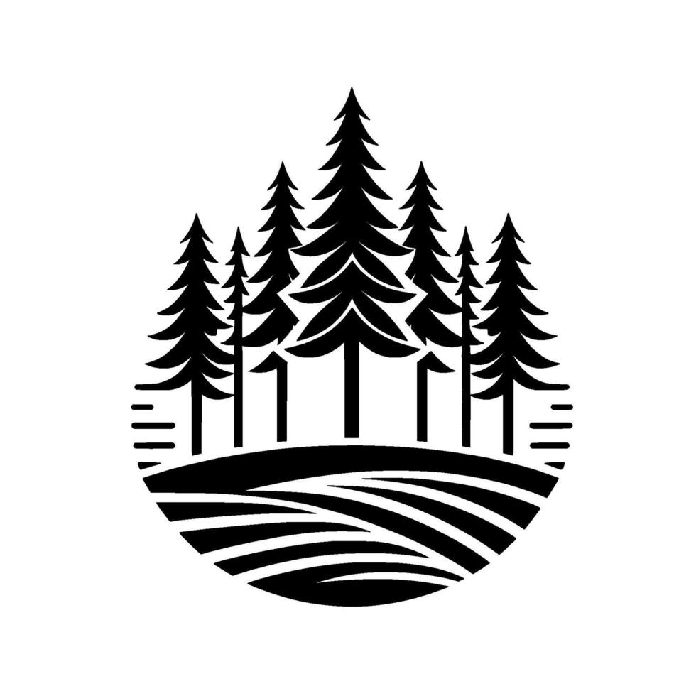 A monochrome forest scene , showcasing a group of tall evergreen trees atop layered, stylized hills enclosed within a circular frame. vector