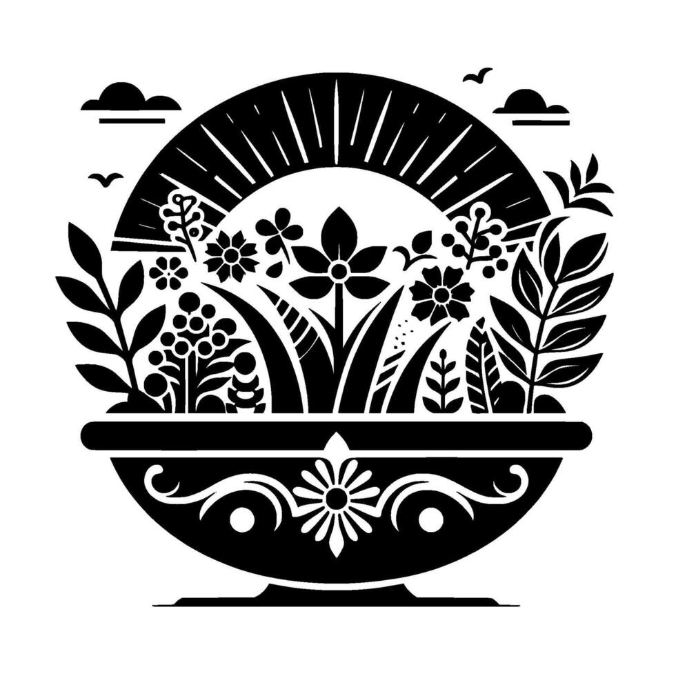 A stylized, blackandwhite illustration depicting a floral arrangement in an ornate pot, framed by a radiating sun, clouds, and birds, evoking a sense of peace. vector