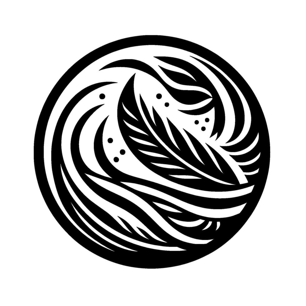 Intricate Black and White Circular Featuring a FeatherLike Element within Swirling, Organic Forms and Accented by Subtle Dot Details. vector