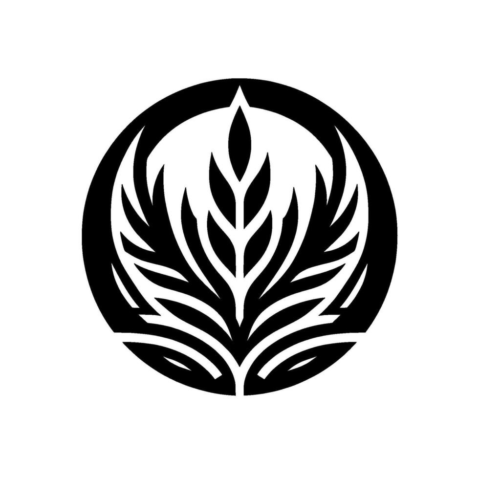 A symmetrical, stylized black and white featuring a plantlike form contained within a circular frame against a white background, embodying balance and natures elegance. vector