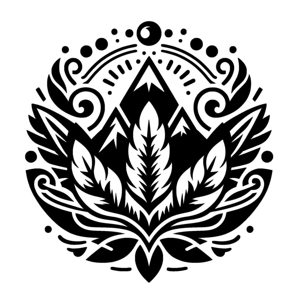Intricate black and white circular illustration featuring a mountain range, central leaf , and surrounding floral and geometric elements, evoking nature and balance. vector