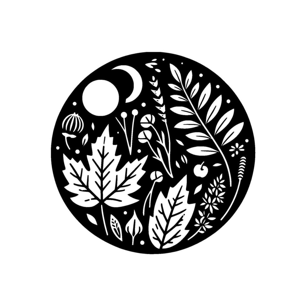 Intricate Black and White Circular Illustration of Autumnal Flora and Celestial Elements, Including Moon, Leaves, and Flowers. vector