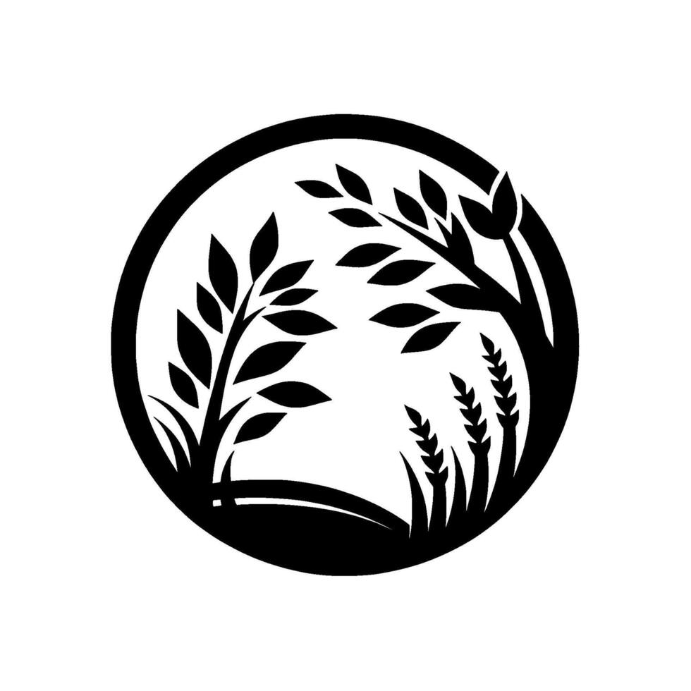 Monochrome Circle Composition of Foliage and Crops A stylized featuring leaves, grasses, and wheat within a circular frame, creating a balanced on a white background. vector