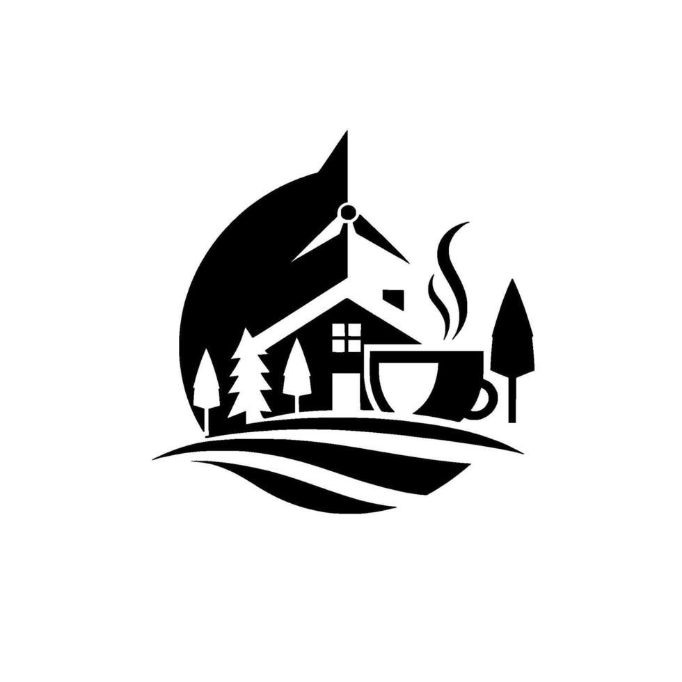 Serene Countryside A black and white illustration featuring a house, wind turbine, coffee cup, trees, and fields, evoking a tranquil, sustainable living scene. vector