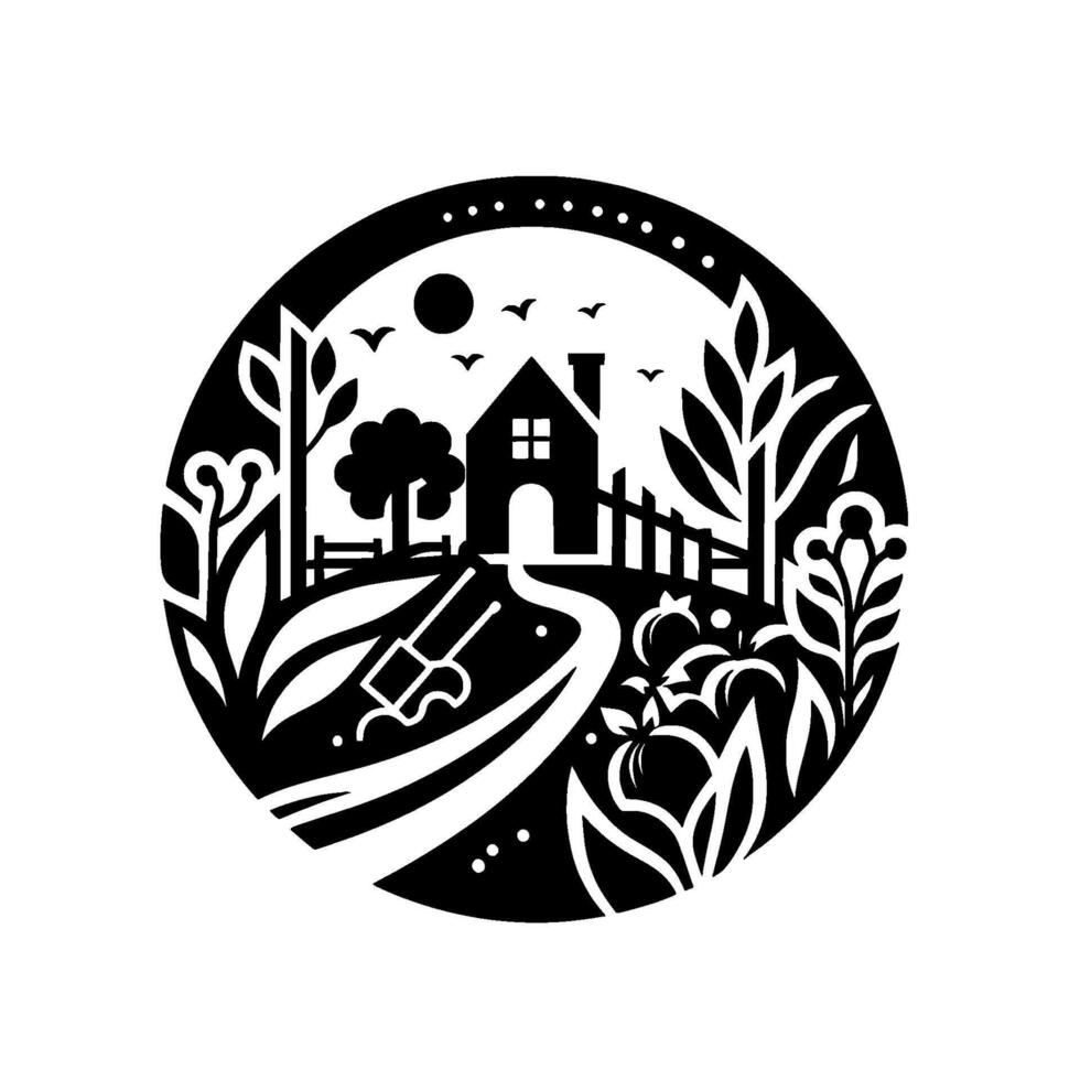 Stylized black and white circular illustration a quaint cottage nestled in a garden with a winding path, surrounded by trees, flowers, birds, and a sun, conveying a serene atmosphere. vector
