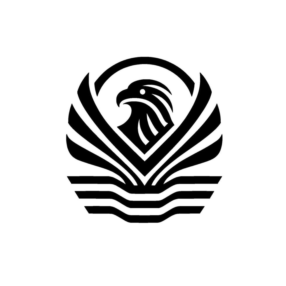 A minimalist emblem featuring a stylized eagle within a circular frame, with wings extending and a wavy base, all rendered in bold black on a white background. vector