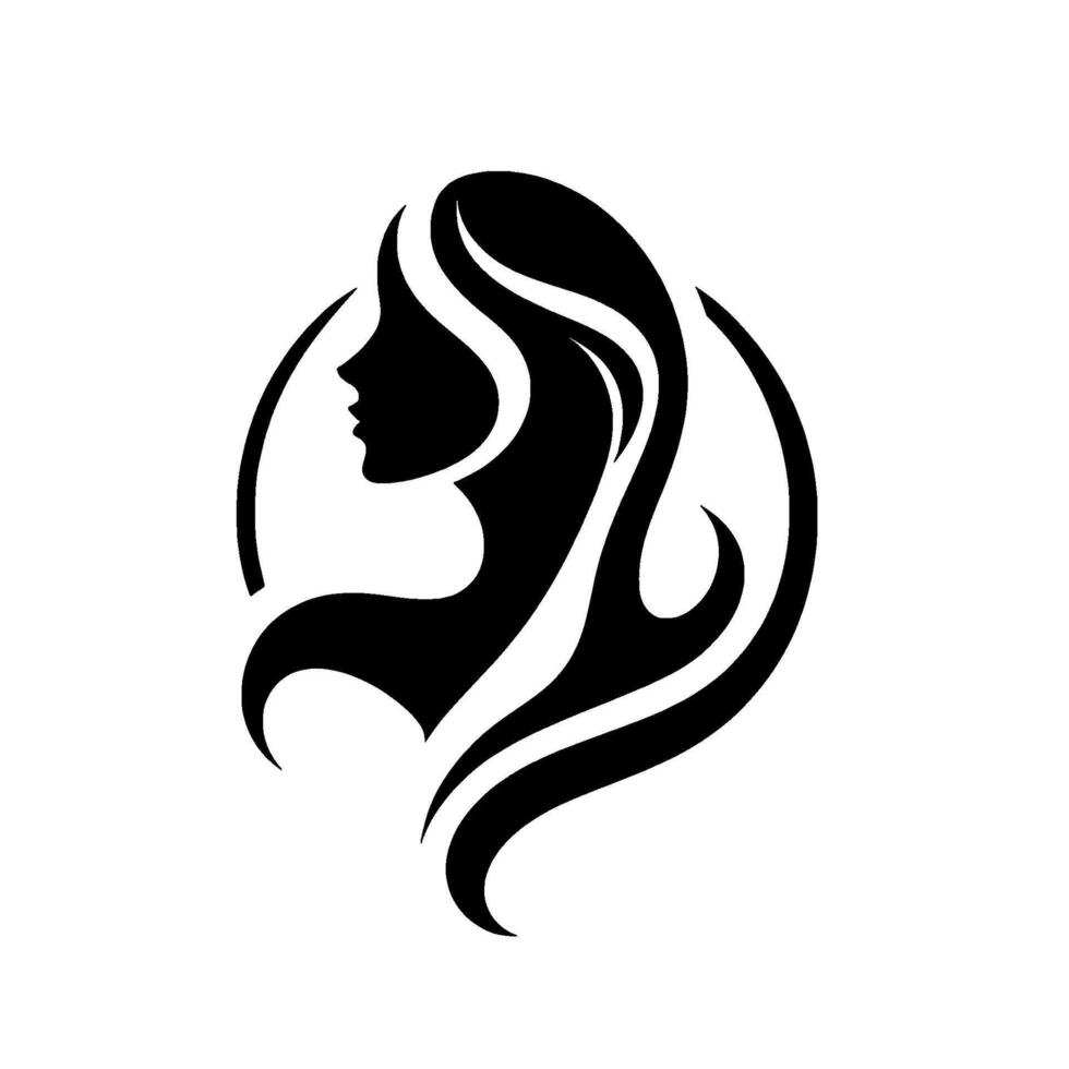 Silhouette of an elegant woman with flowing hair, encased within a stylized circular frame, rendered in bold black and white, evoking a sense of grace and beauty. vector