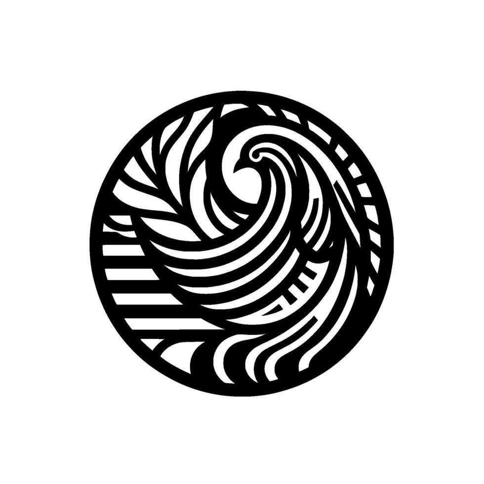 Intricate black and white circular featuring stylized wave pattern with a central swirling element and geometric shapes, isolated on white. vector