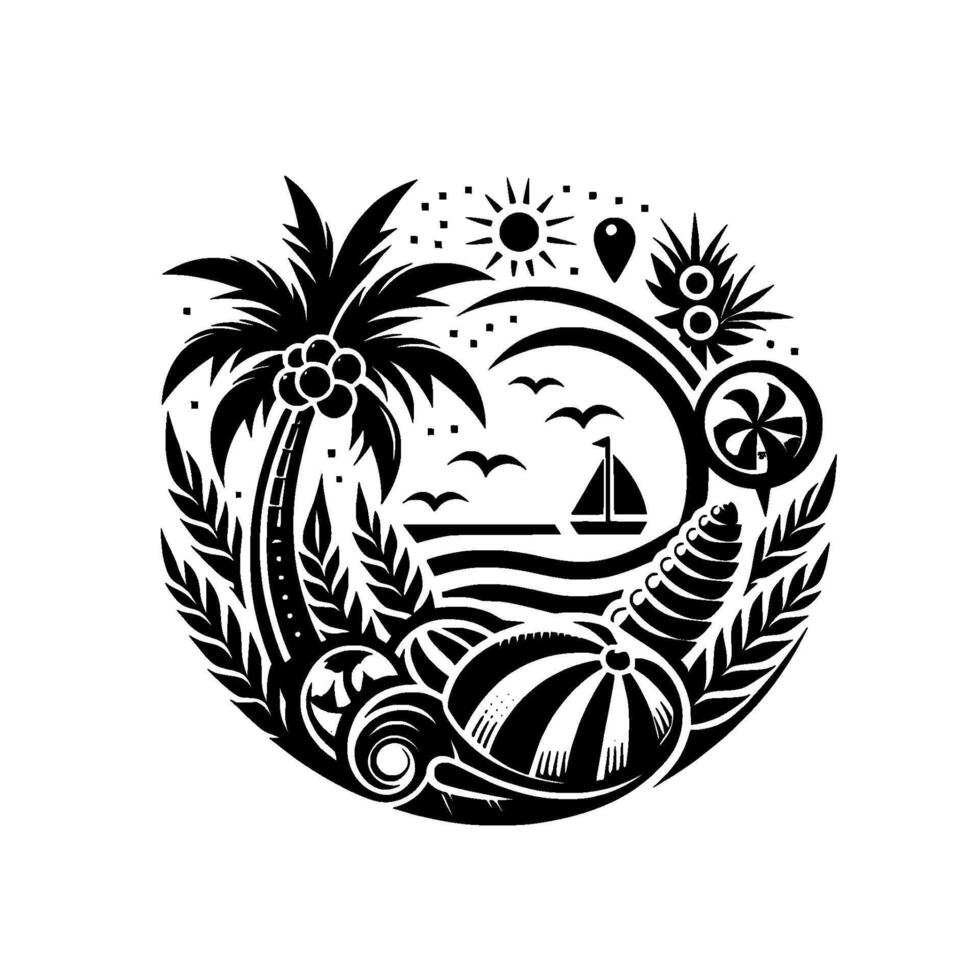 Circular Black and White Tropical Scene Depicting Palm Trees, Sailing Boat, Beach Ball, Sea, Sun, Birds, and Foliage vector