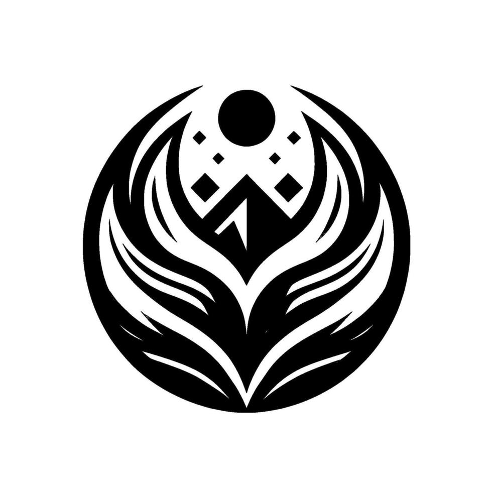 A symmetrical, stylized black and white emblem featuring a central arrowlike shape, surrounded by winglike elements, a circular top, and geometric accents. vector