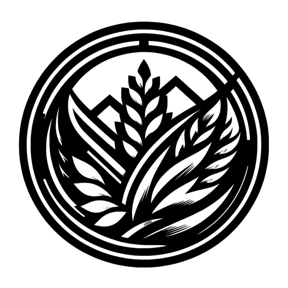 A minimalist black and white emblem featuring wheat, mountains, and stylized leaves within a circular frame, symbolizing nature and agriculture. vector