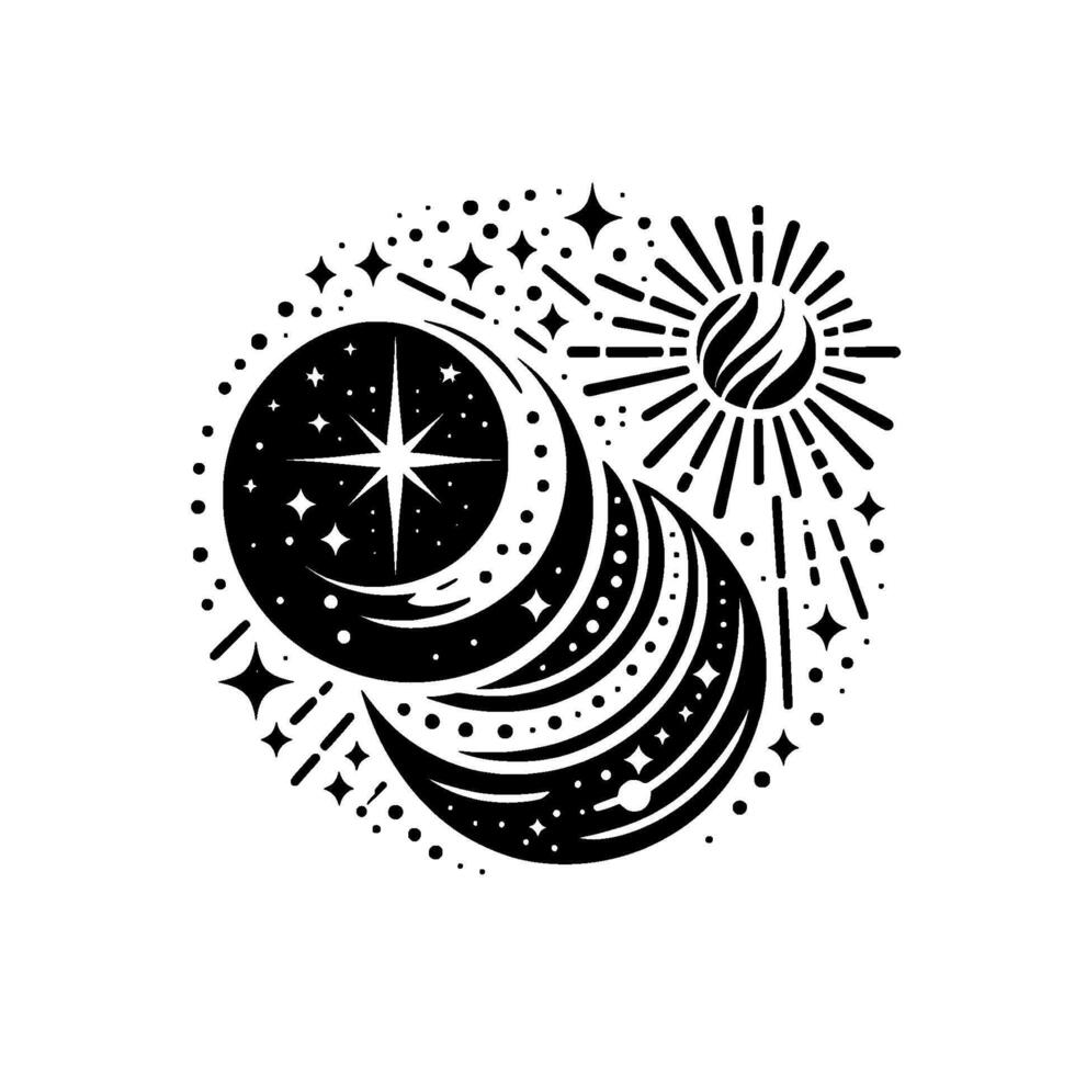 Celestial Harmony A monochrome illustration of sun, moon phases, and stars, arranged in a circular composition, evoking cosmic balance. vector