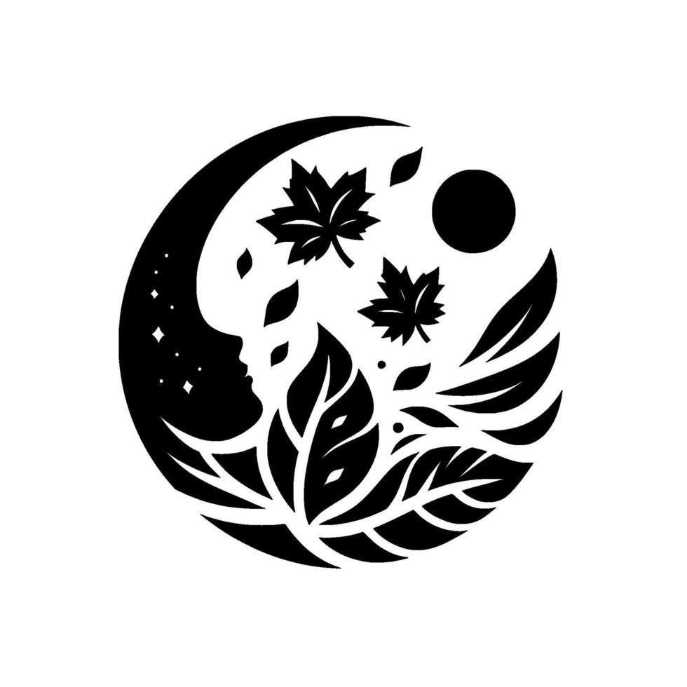 A serene monochrome emblem depicting a womans profile within a crescent moon, integrating autumn leaves and a sun symbol in a circle. vector