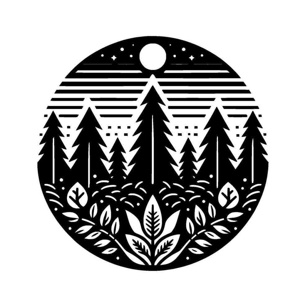 A black and white minimalist circular illustration depicting a forest scene at night, with stylized trees, foliage, a full moon, and stars. vector