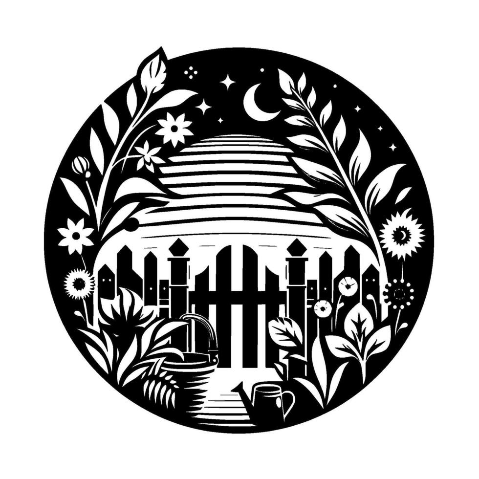 A stylized black and white circular illustration of a garden scene under a moonlit sky, with a picket fence, flowers, and gardening tools. vector