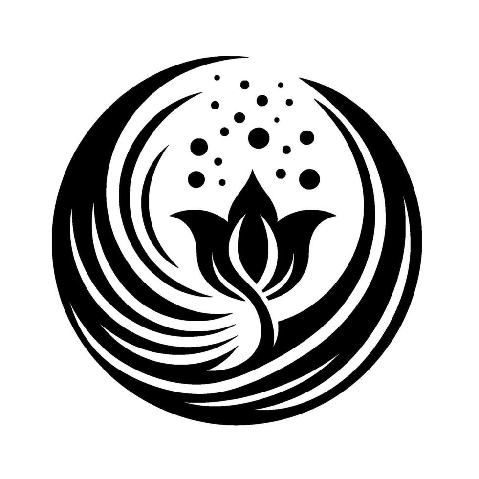 Stylized Black Lotus in a Circular Frame with Dots, Symbolizing Growth and Harmony against a White Background. vector