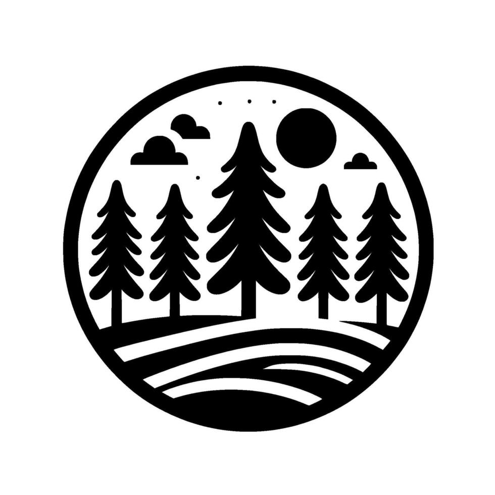 A black and white illustration of a forest scene enclosed within a circle, featuring silhouetted pine trees, clouds, sun, and rolling hills on a white background. vector
