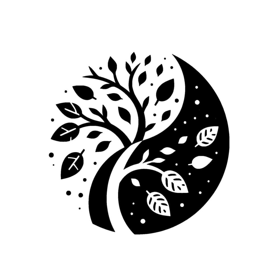 A YinYang stylized tree illustration. One half filled with a tree in daylight, other with stylized leaves and dots against a black night sky, with a balance of light and shadow. vector