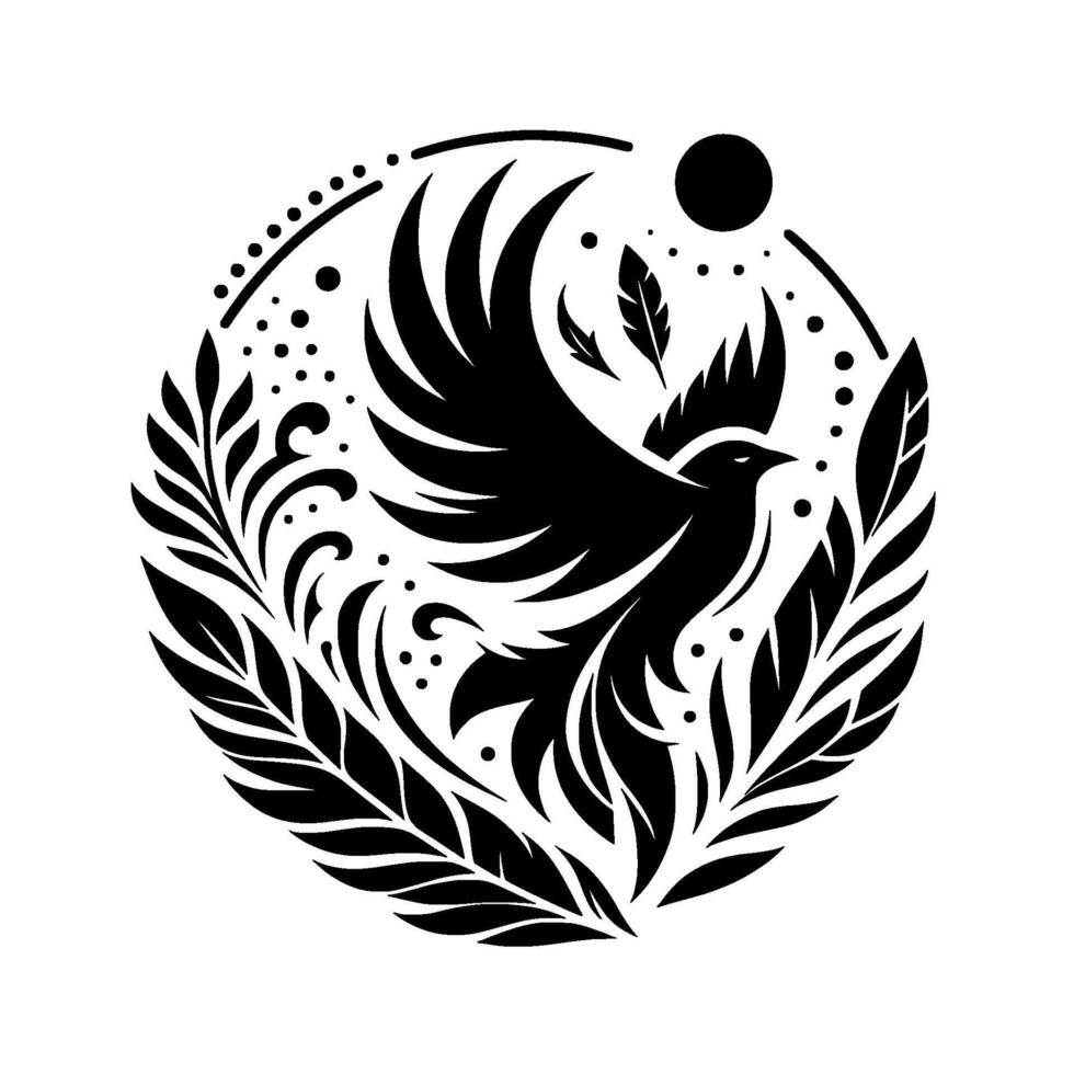A stylized black bird with outstretched wings, nested within a circular frame of leaves, dots and a sun, symbolizing flight and growth. vector