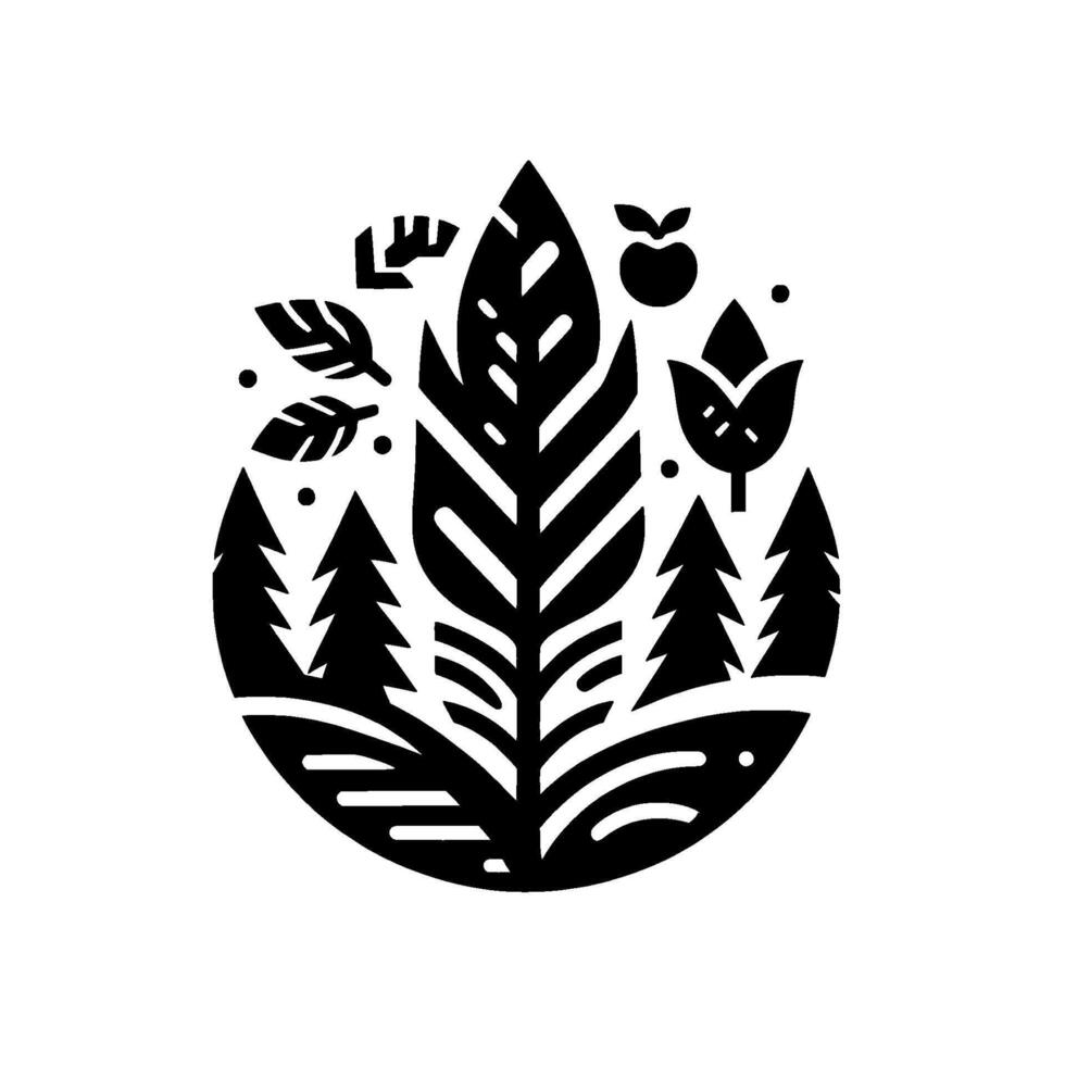 A stylized black and white emblem featuring a central leaf dominating the frame, surrounded by a forest, foliage, and fruit, evoking natures harmony. vector